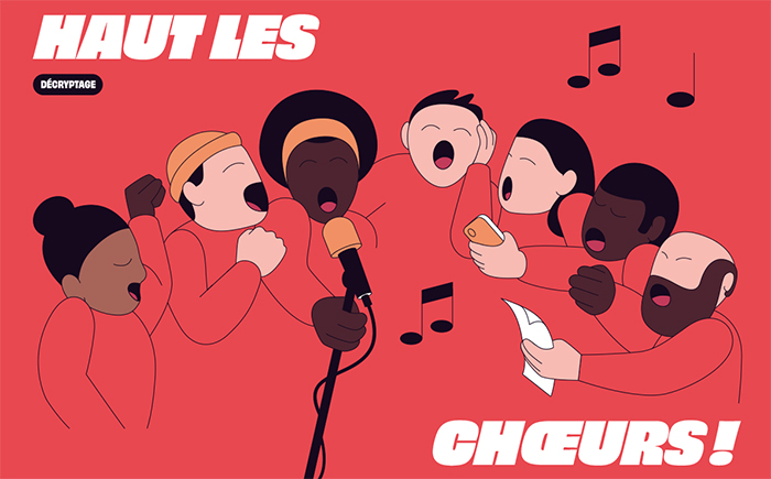 Illustration de personnes chantant devant un micro - Haut les choeurs : chanter ensemble pour se retrouver ? - SacemMag #117